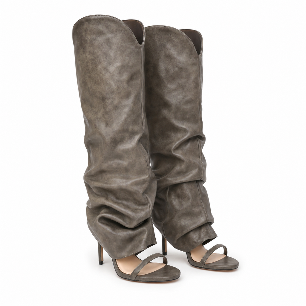 Sage Green Women's Open-Toe Stiletto-Heel Faux Leather Slip-On Knee-High Boots