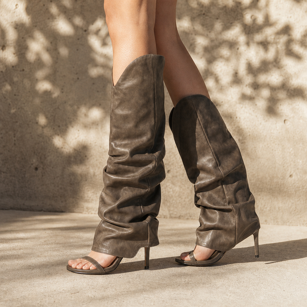 Sage Green Women's Open-Toe Stiletto-Heel Faux Leather Slip-On Knee-High Boots on-foot view