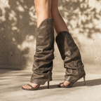 Sage Green Women's Open-Toe Stiletto-Heel Faux Leather Slip-On Knee-High Boots on-foot view