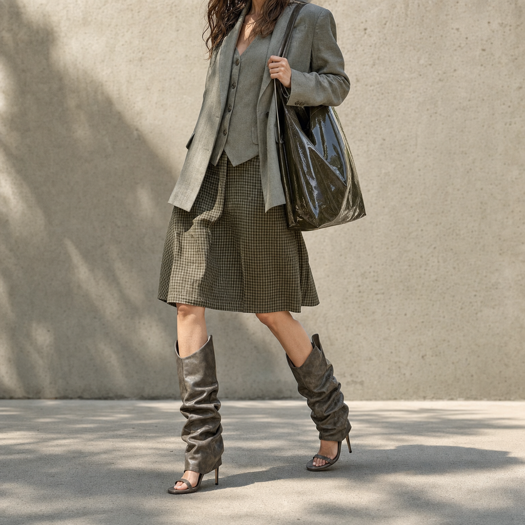 Sage Green Women's Open-Toe Stiletto-Heel Faux Leather Slip-On Knee-High Boots lifestyle scene
