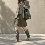 Sage Green Women's Open-Toe Stiletto-Heel Faux Leather Slip-On Knee-High Boots lifestyle scene