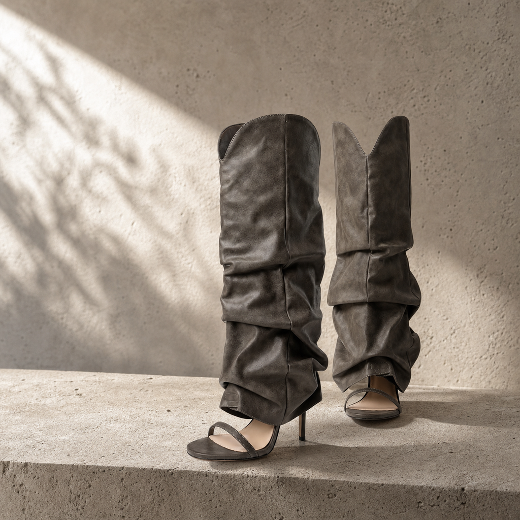 Sage Green Women's Open-Toe Stiletto-Heel Faux Leather Slip-On Knee-High Boots styled scene