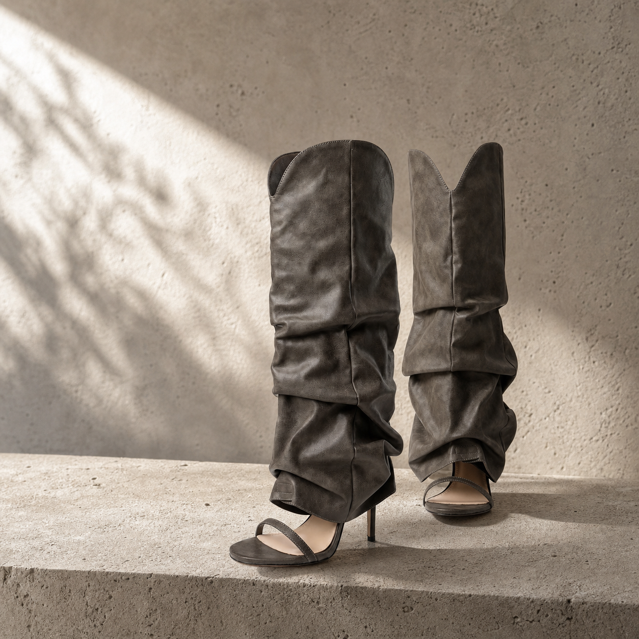 Sage Green Women's Open-Toe Stiletto-Heel Faux Leather Slip-On Knee-High Boots styled scene