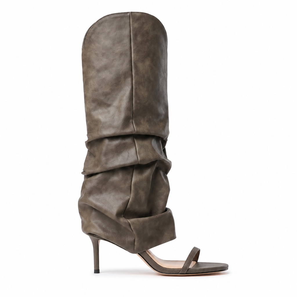 Sage Green Women's Open-Toe Stiletto-Heel Faux Leather Slip-On Knee-High Boots side view