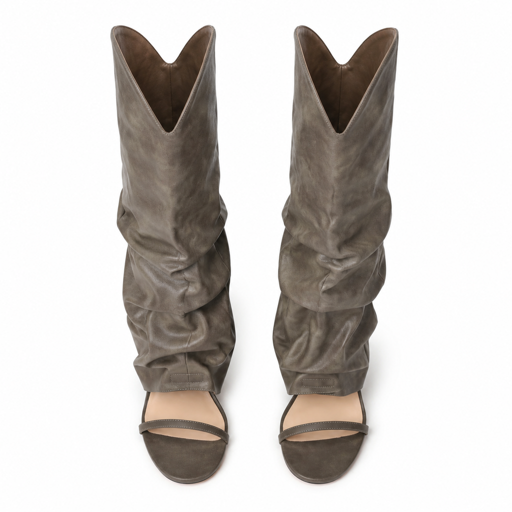 Sage Green Women's Open-Toe Stiletto-Heel Faux Leather Slip-On Knee-High Boots top view