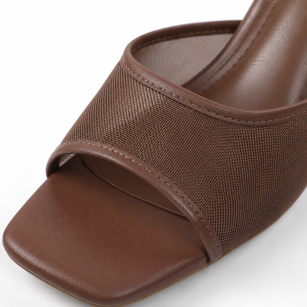 Brown Mesh Women's Open-Toe Mesh Slip-On Heeled Sandals close-up detail