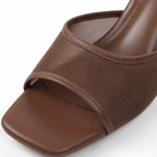 Brown Mesh Women's Open-Toe Mesh Slip-On Heeled Sandals close-up detail