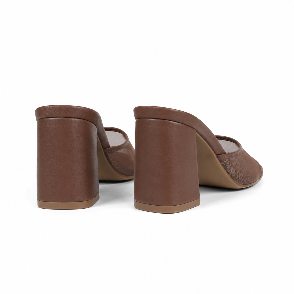 Brown Mesh Women's Open-Toe Mesh Slip-On Heeled Sandals heel detail