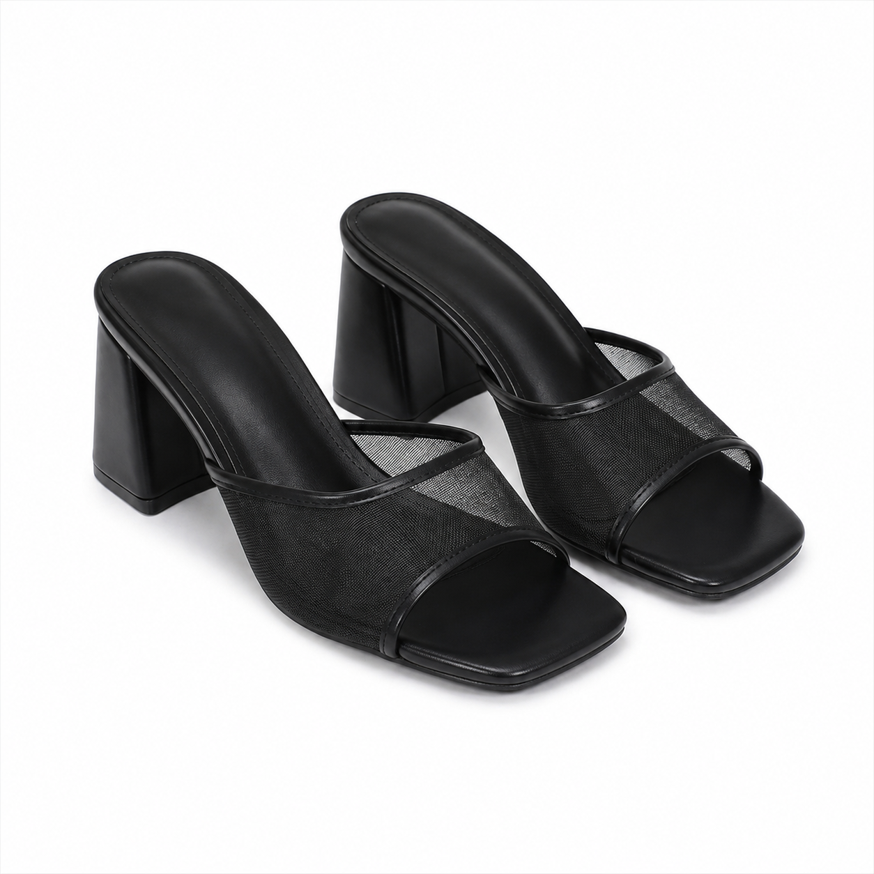 Black Mesh Women's Open-Toe Mesh Slip-On Heeled Sandals