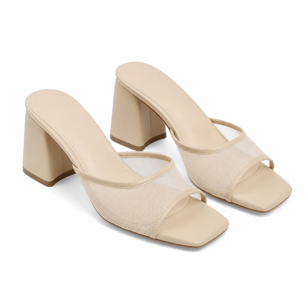 Beige Mesh Women's Open-Toe Mesh Slip-On Heeled Sandals