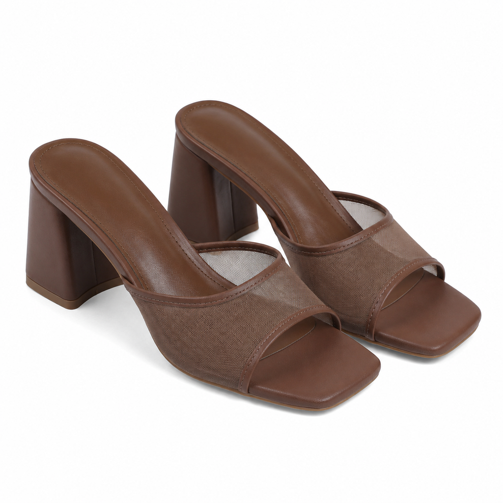 Brown Mesh Women's Open-Toe Mesh Slip-On Heeled Sandals