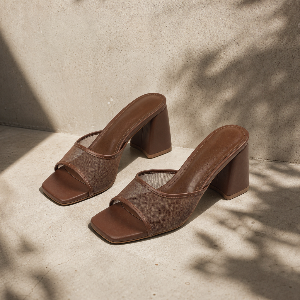 Brown Mesh Women's Open-Toe Mesh Slip-On Heeled Sandals styled scene