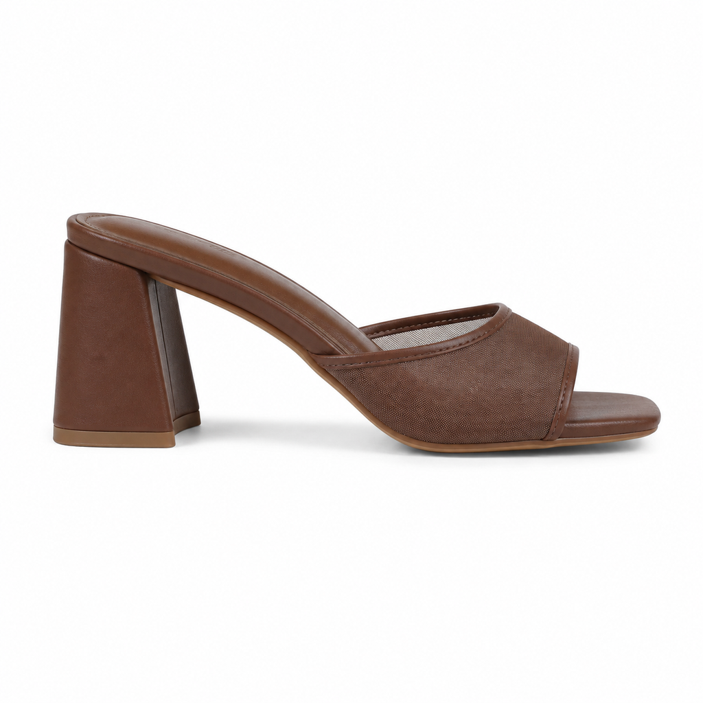 Brown Mesh Women's Open-Toe Mesh Slip-On Heeled Sandals side view