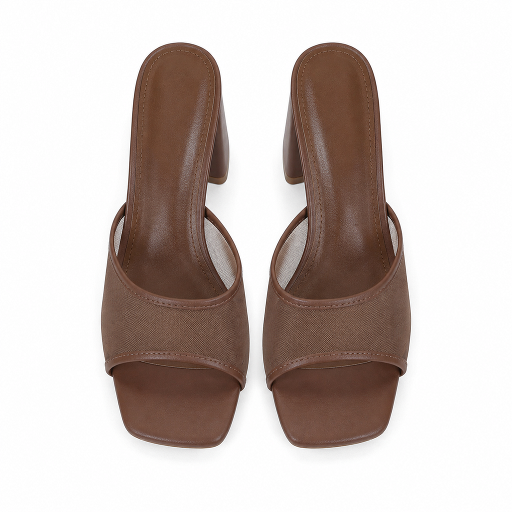 Brown Mesh Women's Open-Toe Mesh Slip-On Heeled Sandals top view
