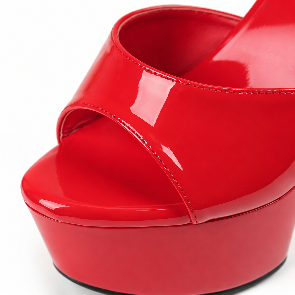 Red Patent Women's Open-Toe Microfiber Ankle-Strap Heeled Sandals close-up detail