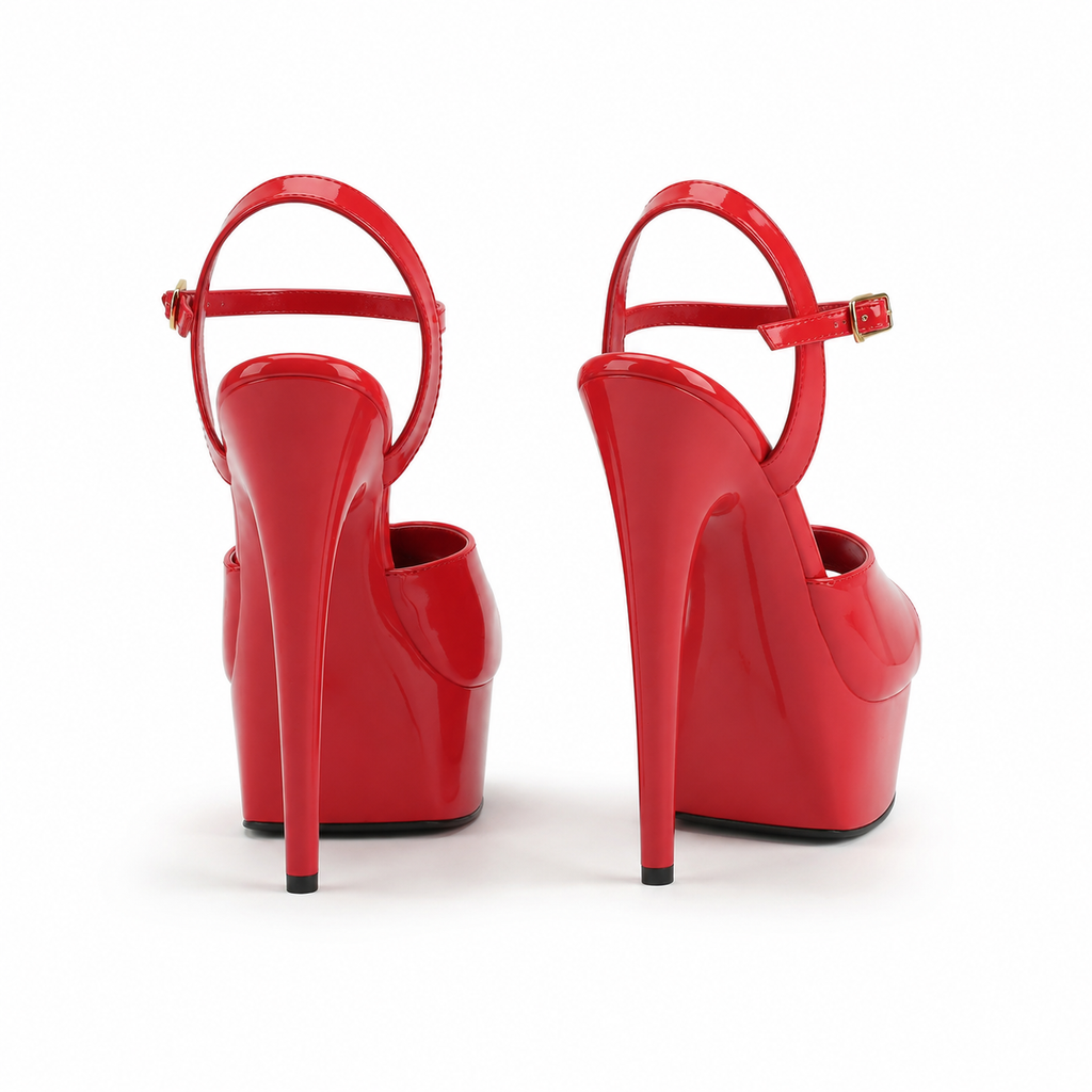 Red Patent Women's Open-Toe Microfiber Ankle-Strap Heeled Sandals heel detail