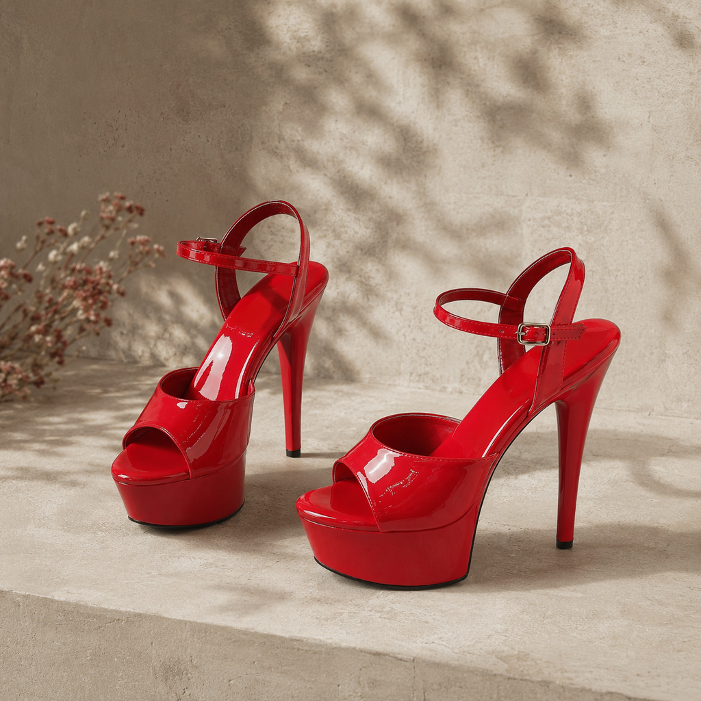 Red Patent Women's Open-Toe Microfiber Ankle-Strap Heeled Sandals styled scene