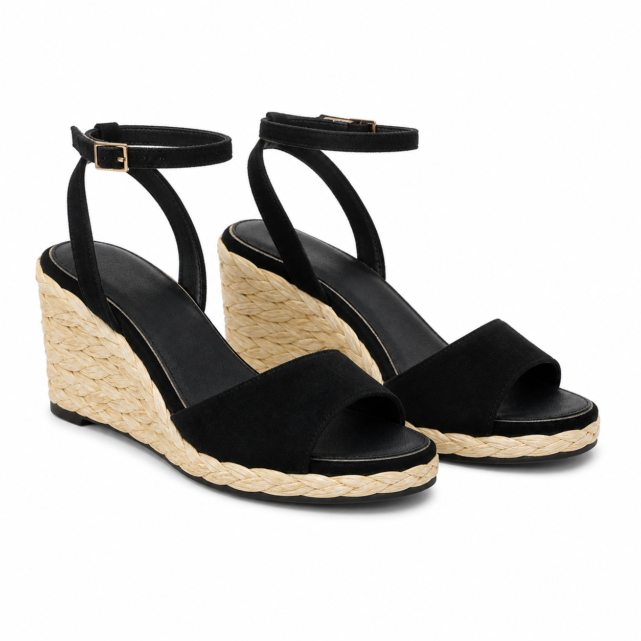 Black Suede Women's Open-Toe Wedge Microfiber Ankle-Strap Sandals