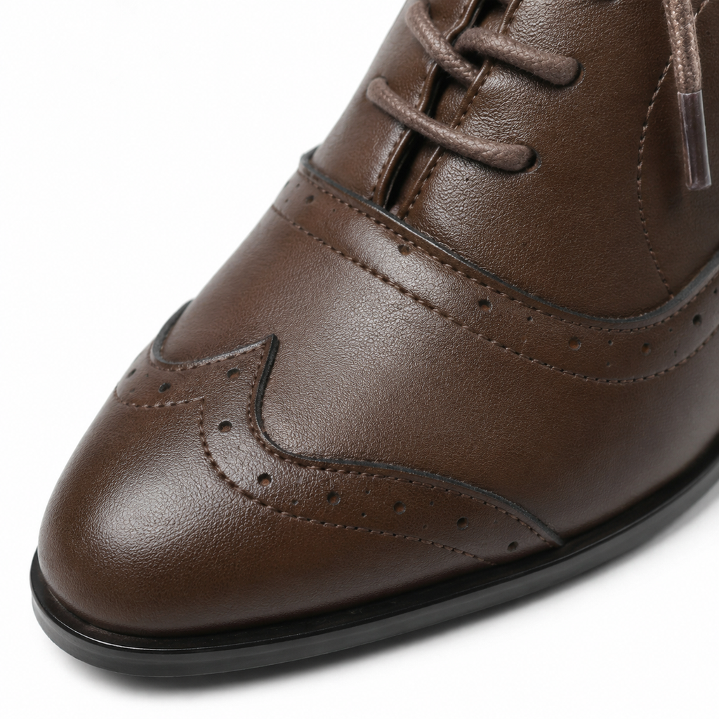 Rich Brown Women's Pointed-Toe Faux Leather Lace-Up Print Flats close-up detail