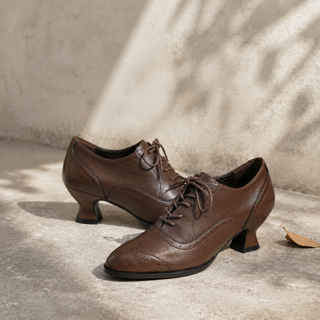 Rich Brown Women's Pointed-Toe Faux Leather Lace-Up Print Flats styled scene