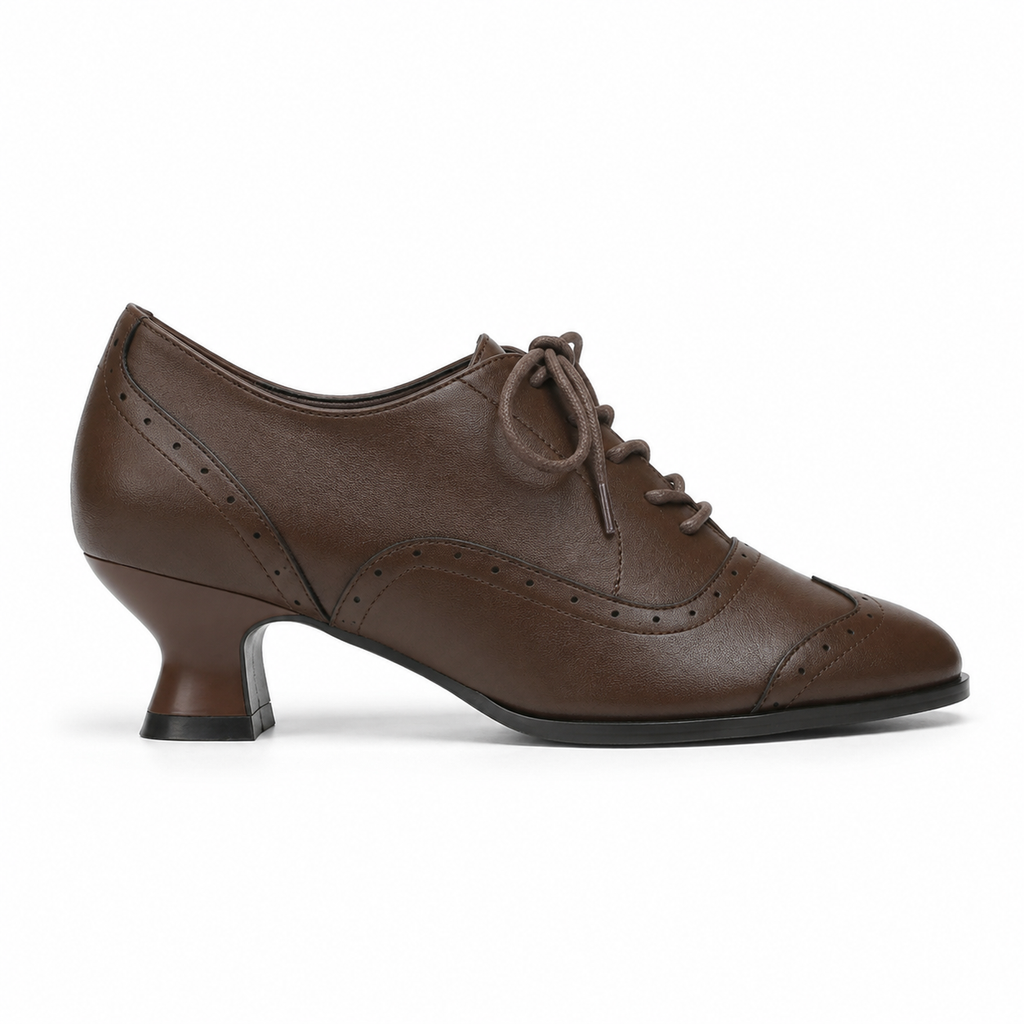 Rich Brown Women's Pointed-Toe Faux Leather Lace-Up Print Flats side view