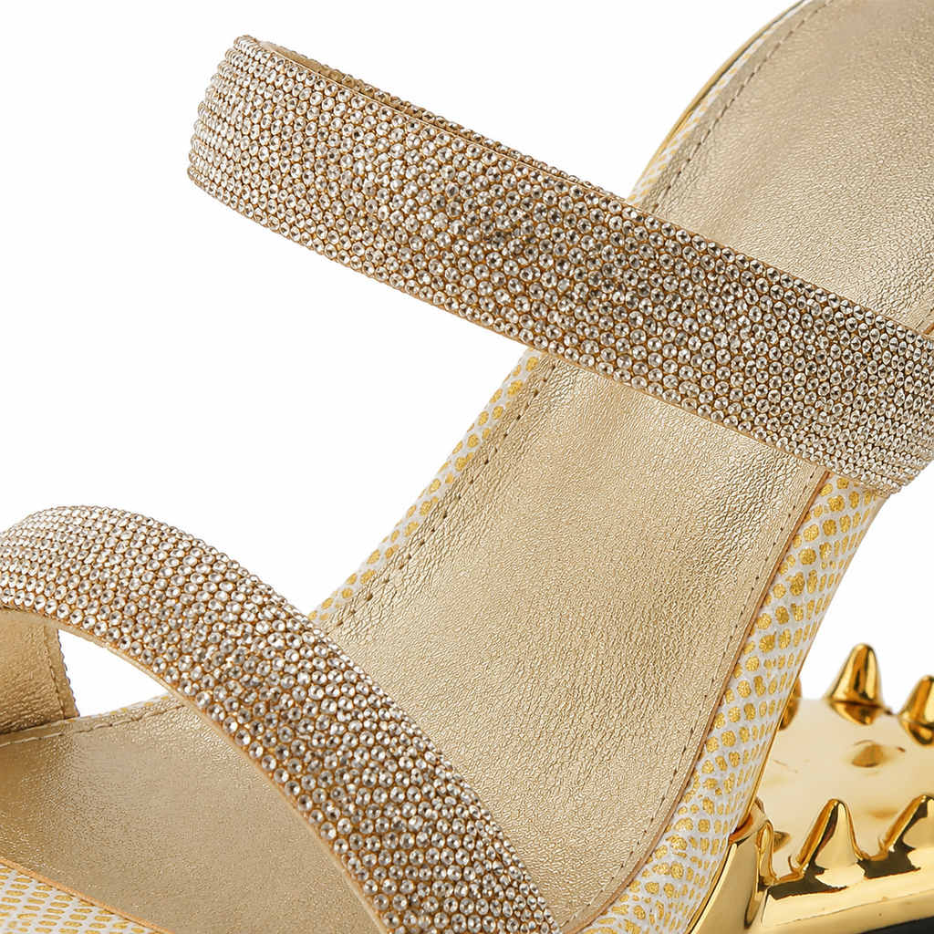 Warm Gold Women's Open-Toe Glitter Multi-Strap Slip-On Sandals close-up detail