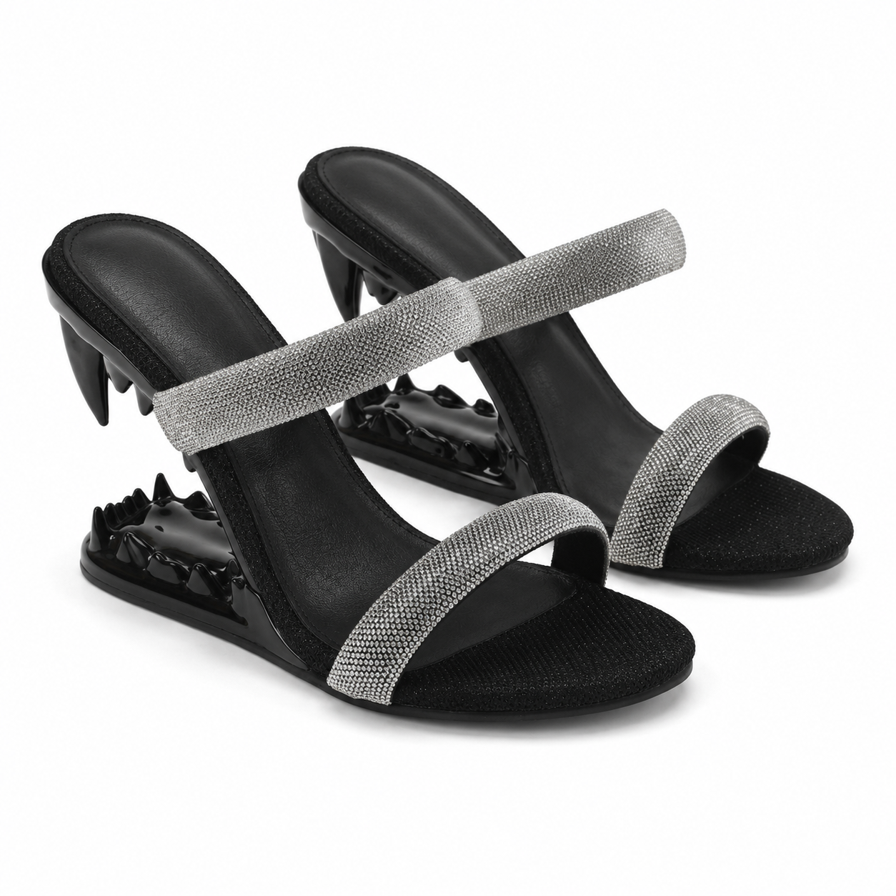 Deep Black Women's Open-Toe Glitter Multi-Strap Slip-On Sandals