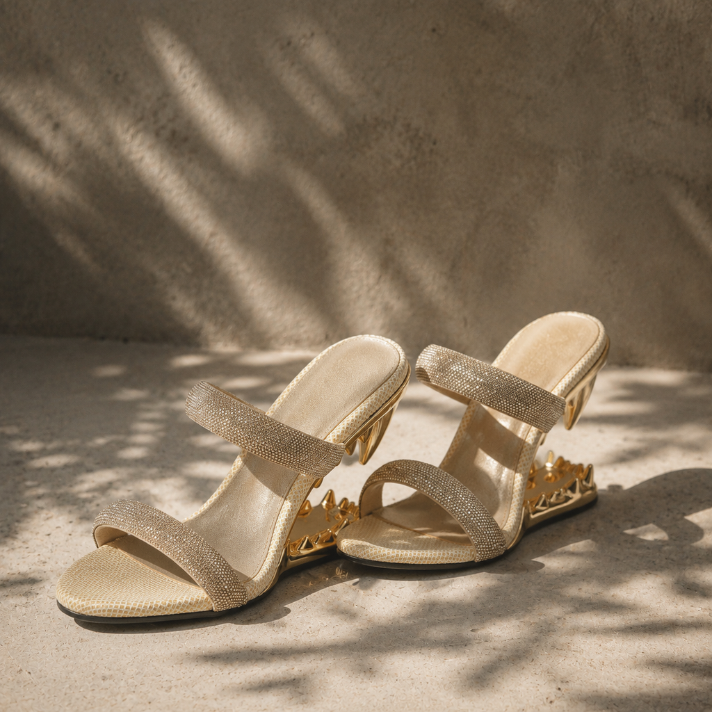Warm Gold Women's Open-Toe Glitter Multi-Strap Slip-On Sandals styled scene