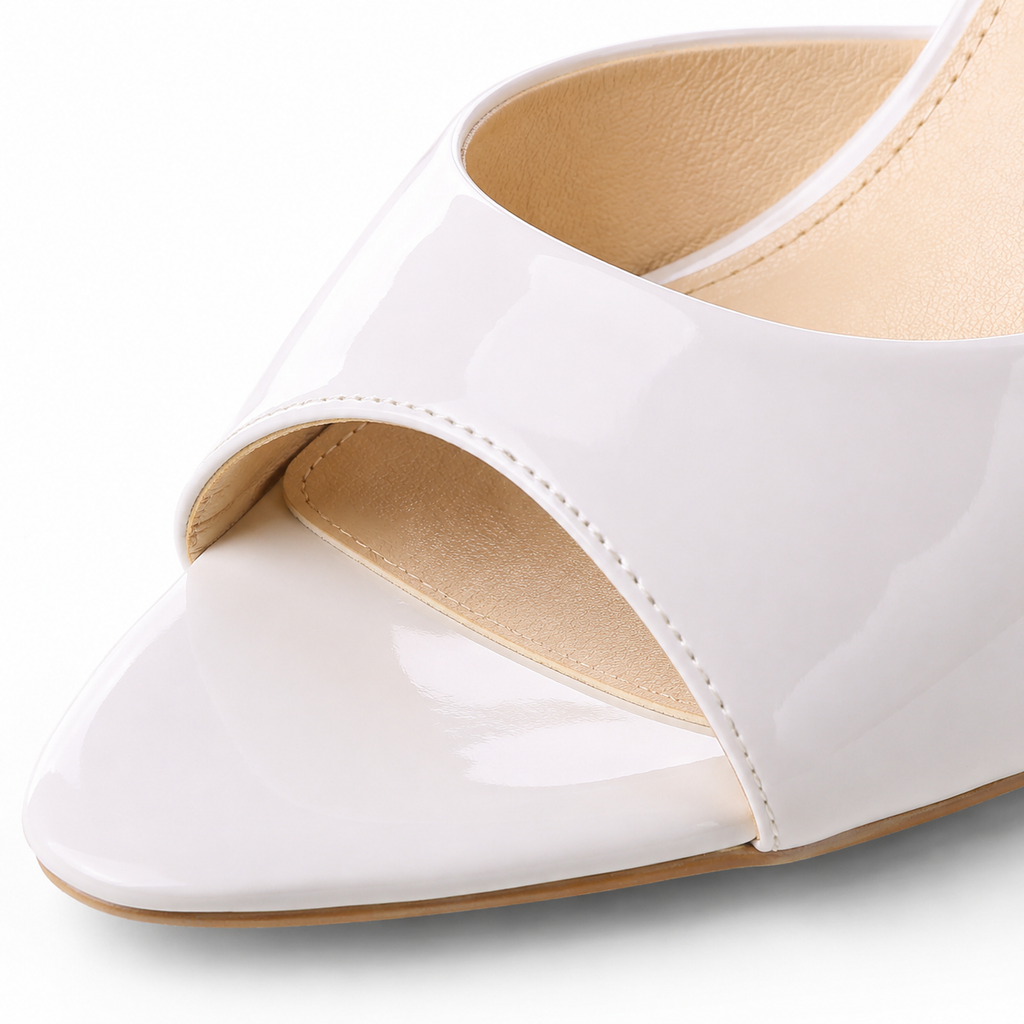 Cream Ivory Women's Open-Toe Mid-Heel Patent Leather Slip-On Heeled Sandals close-up detail