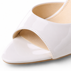 Cream Ivory Women's Open-Toe Mid-Heel Patent Leather Slip-On Heeled Sandals close-up detail