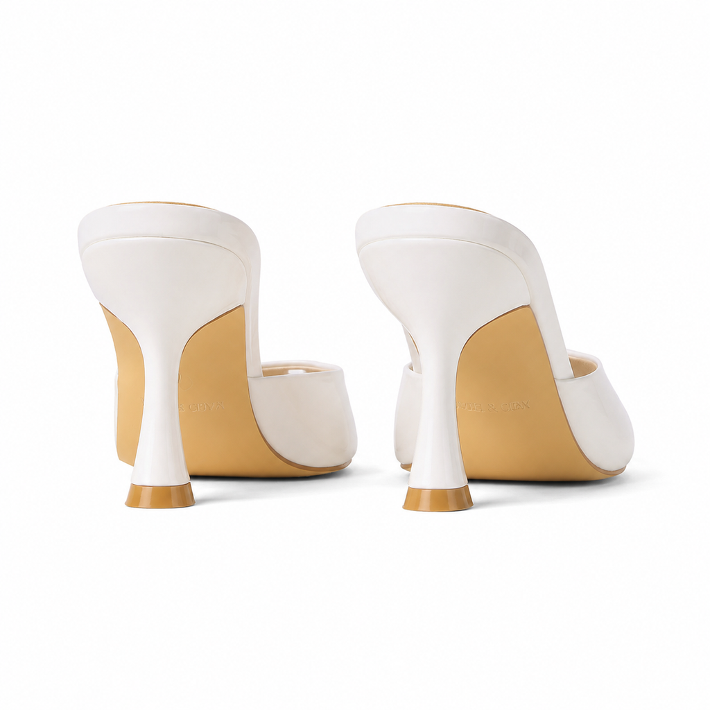 Cream Ivory Women's Open-Toe Mid-Heel Patent Leather Slip-On Heeled Sandals heel detail