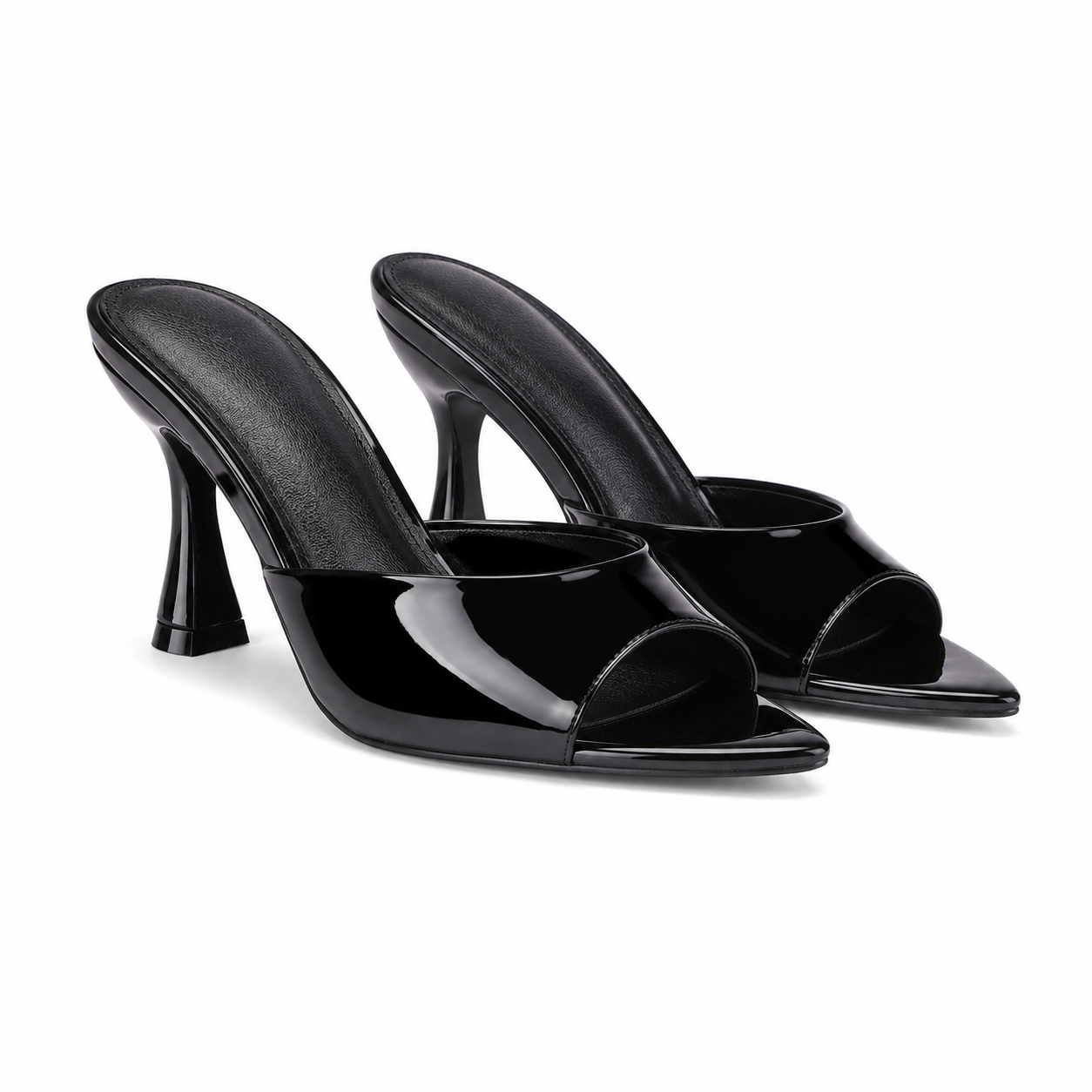 Deep Black Women's Open-Toe Mid-Heel Patent Leather Slip-On Heeled Sandals