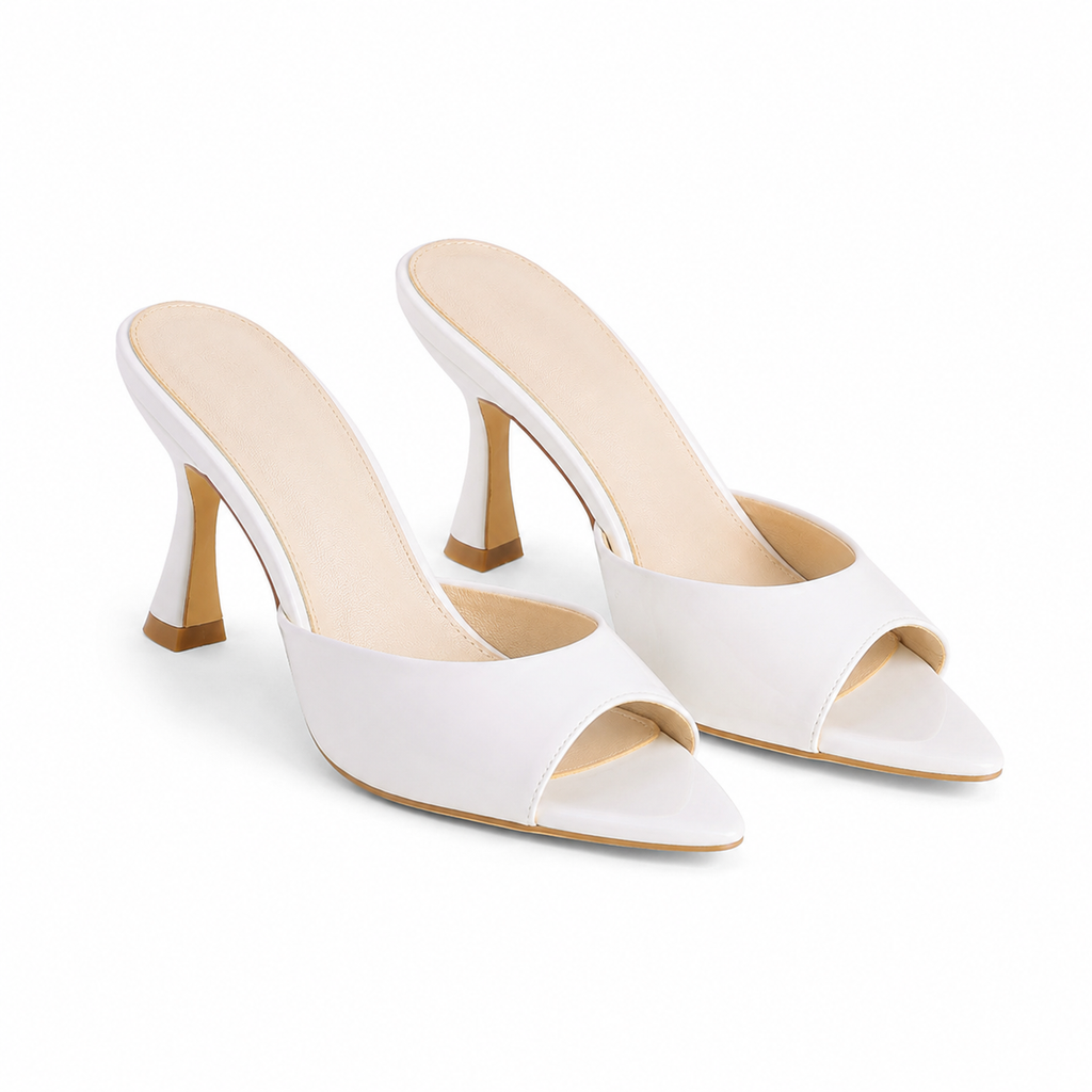 Cream Ivory Women's Open-Toe Mid-Heel Patent Leather Slip-On Heeled Sandals