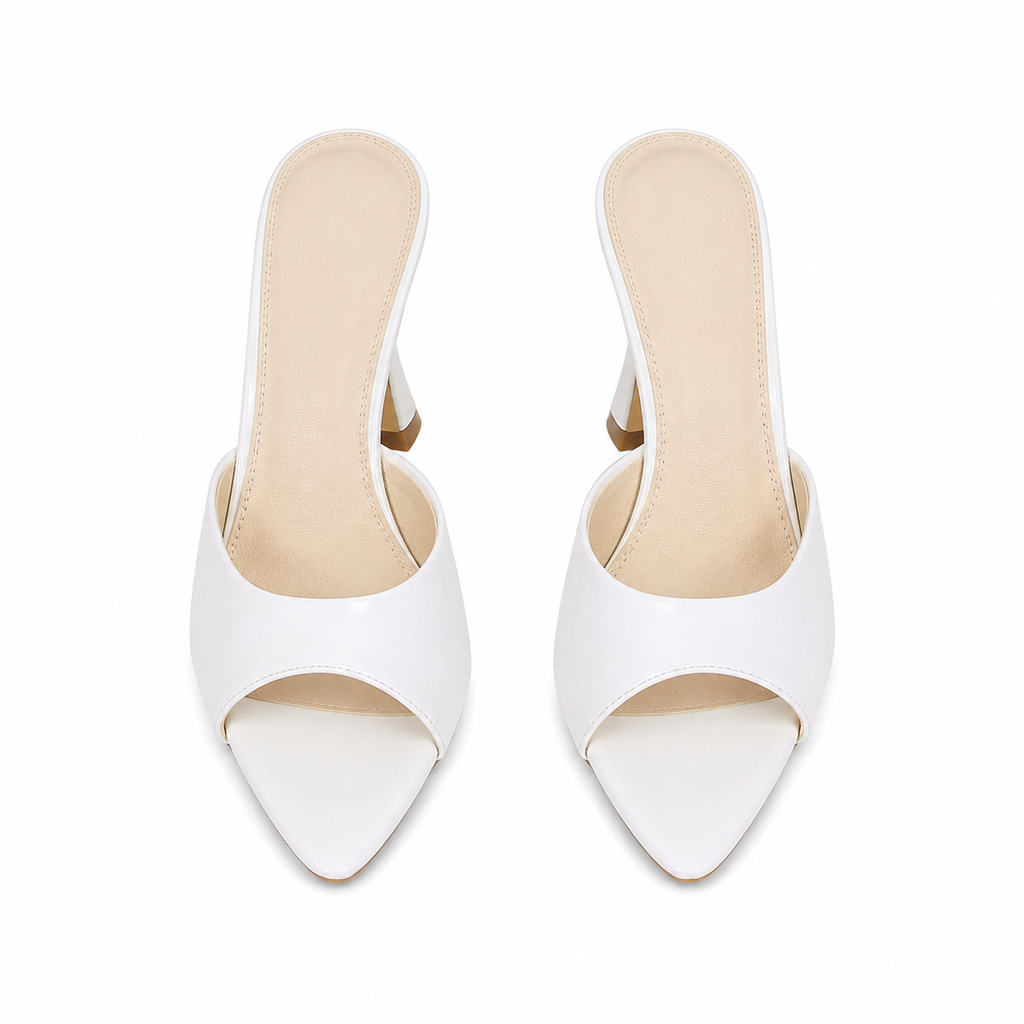 Cream Ivory Women's Open-Toe Mid-Heel Patent Leather Slip-On Heeled Sandals top view