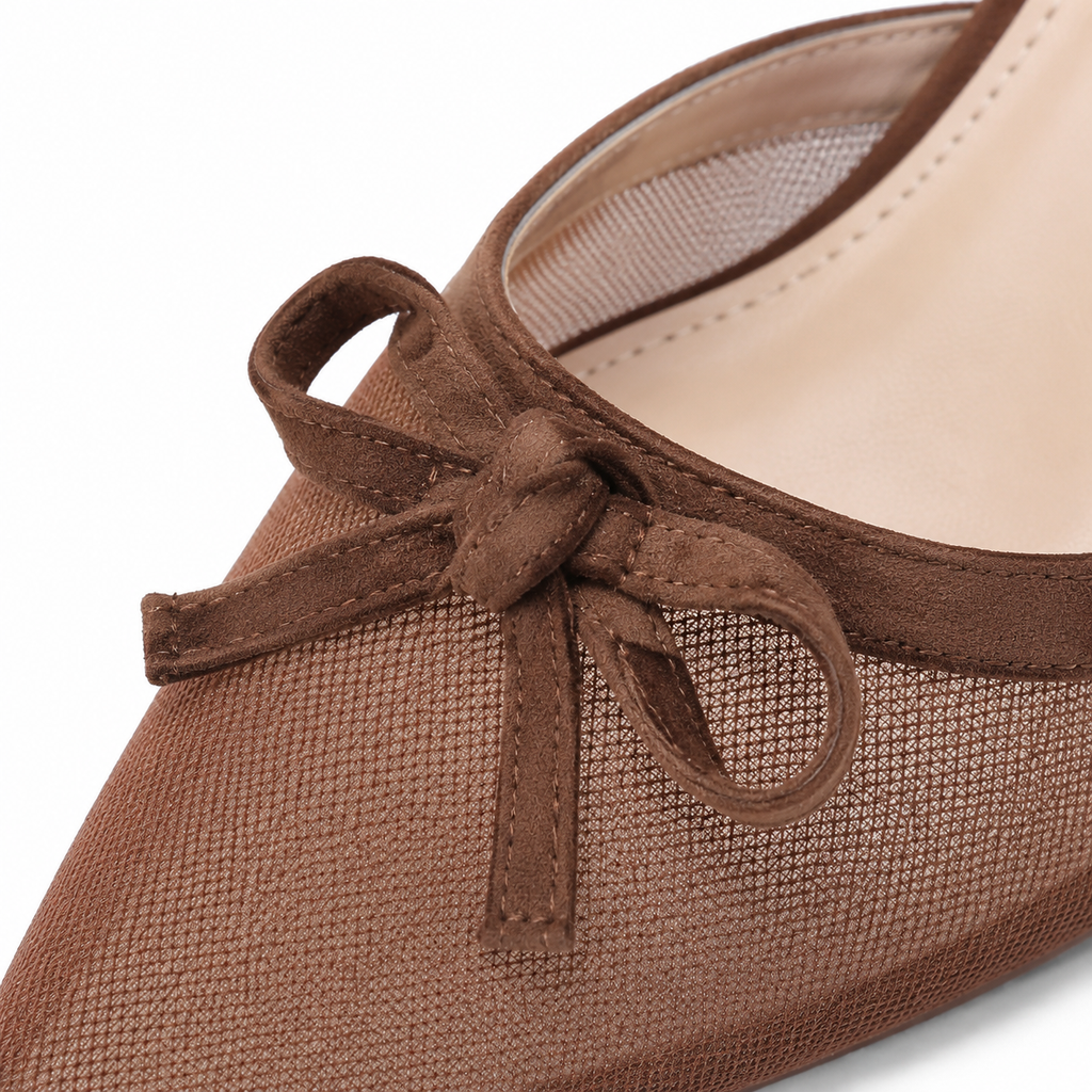 Rich Brown Women's Pointed-Toe Thin-Heel Leather Bow Slide Slippers close-up detail