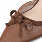 Rich Brown Women's Pointed-Toe Thin-Heel Leather Bow Slide Slippers close-up detail