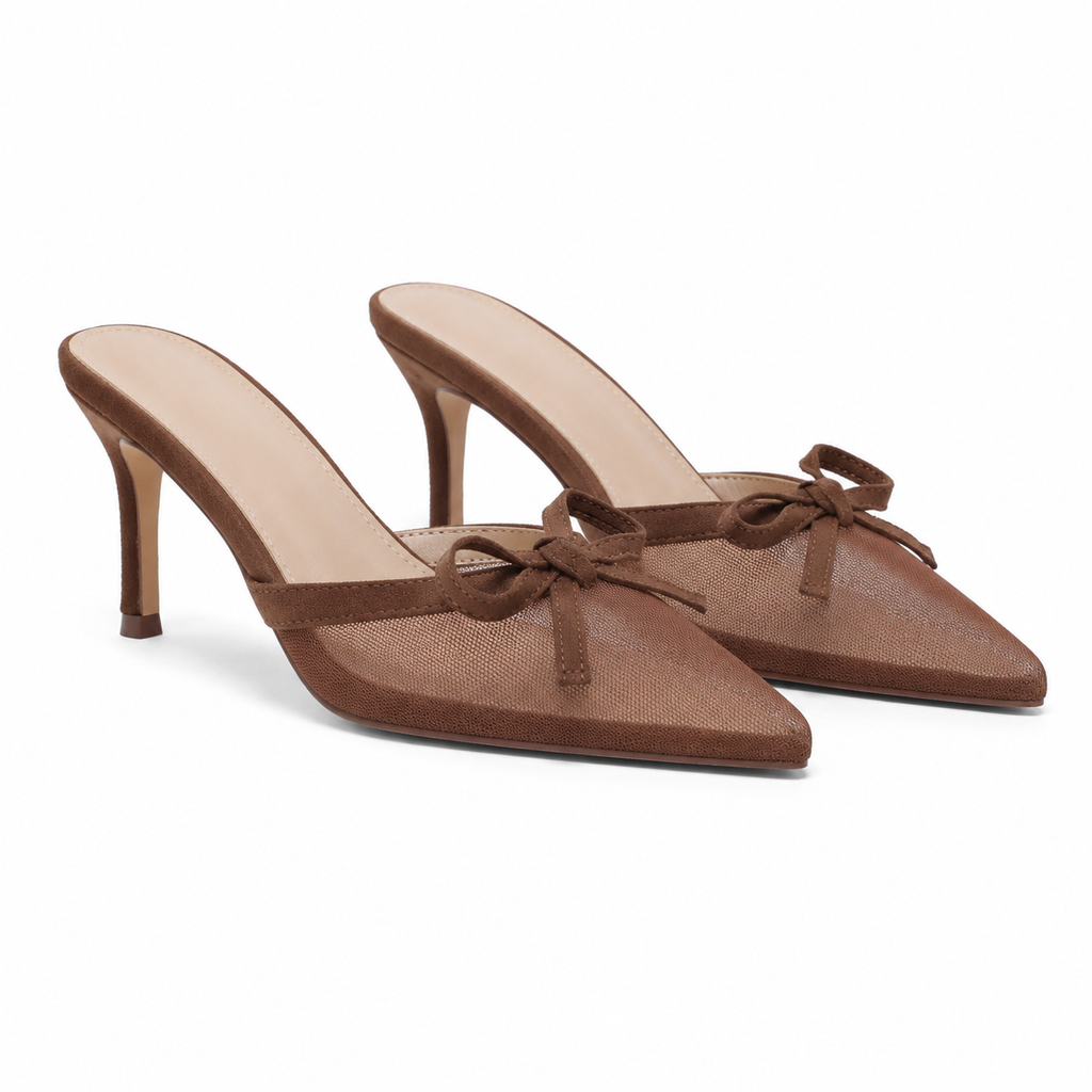 Rich Brown Women's Pointed-Toe Thin-Heel Leather Bow Slide Slippers