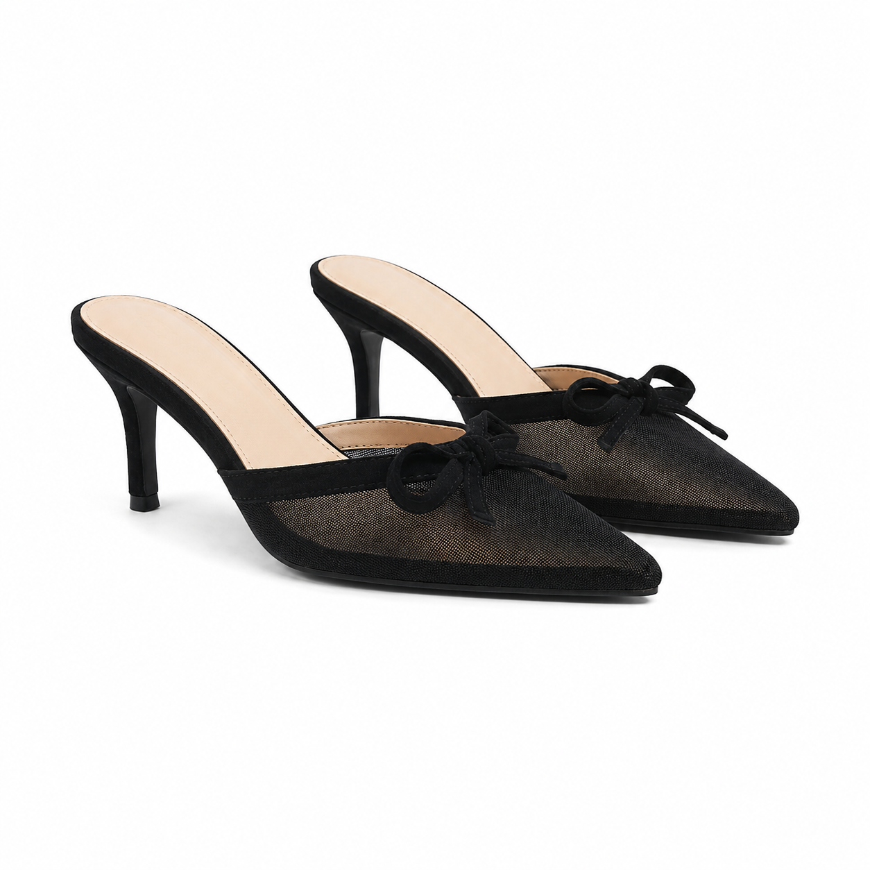 Deep Black Women's Pointed-Toe Thin-Heel Leather Bow Slide Slippers