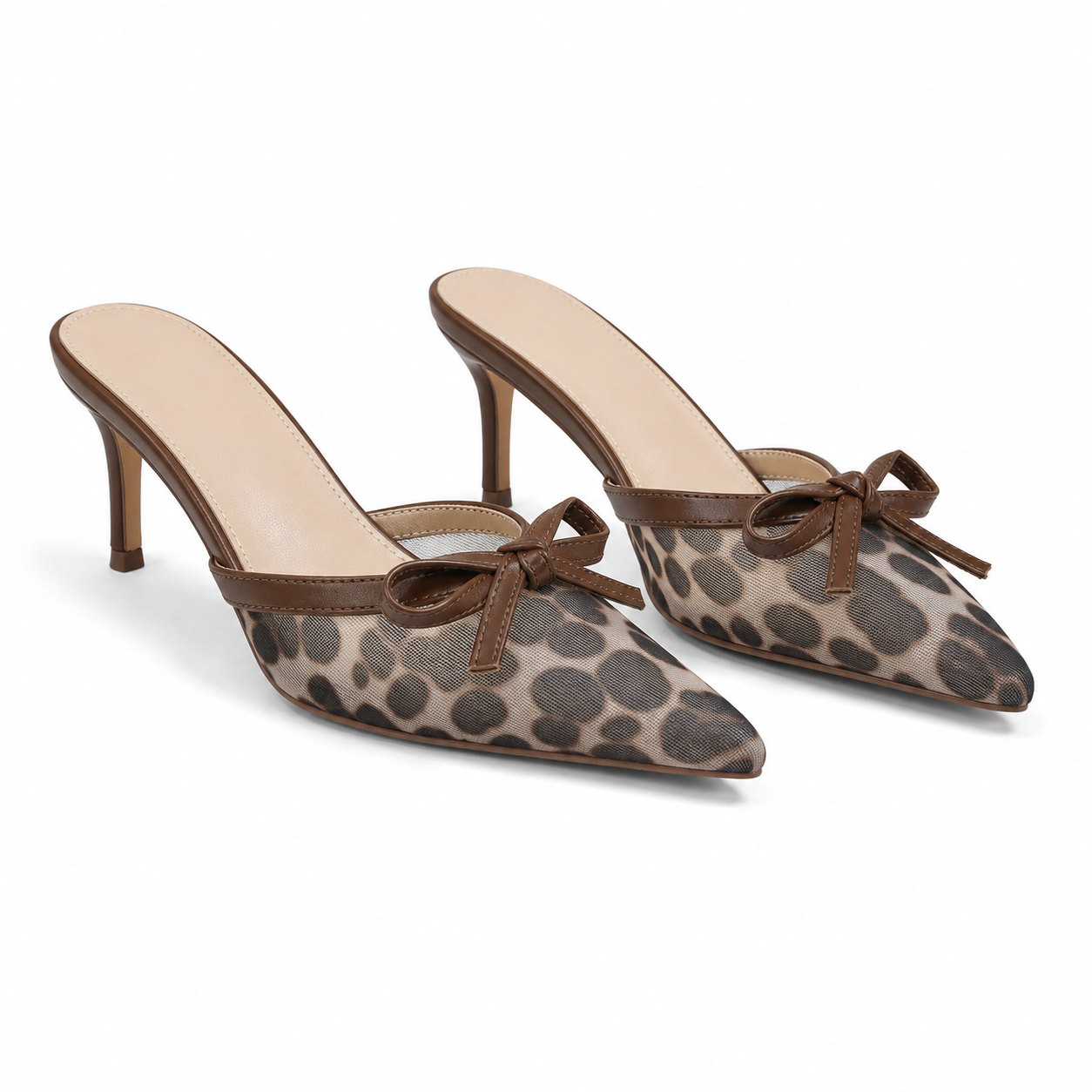 Leopard Women's Pointed-Toe Thin-Heel Leather Bow Slide Slippers