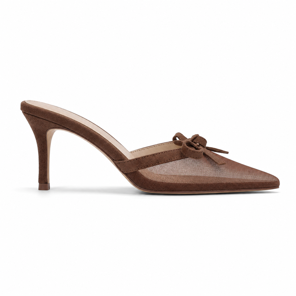 Rich Brown Women's Pointed-Toe Thin-Heel Leather Bow Slide Slippers side view