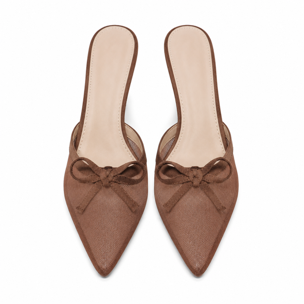 Rich Brown Women's Pointed-Toe Thin-Heel Leather Bow Slide Slippers top view