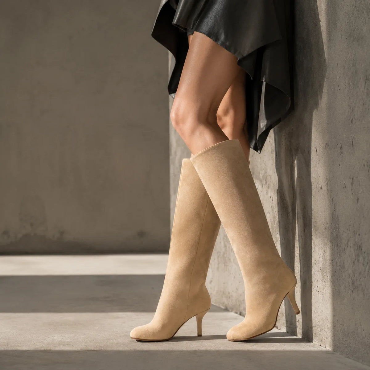 Apricot Suede Grado Sheepskin Stiletto Boots on-foot view