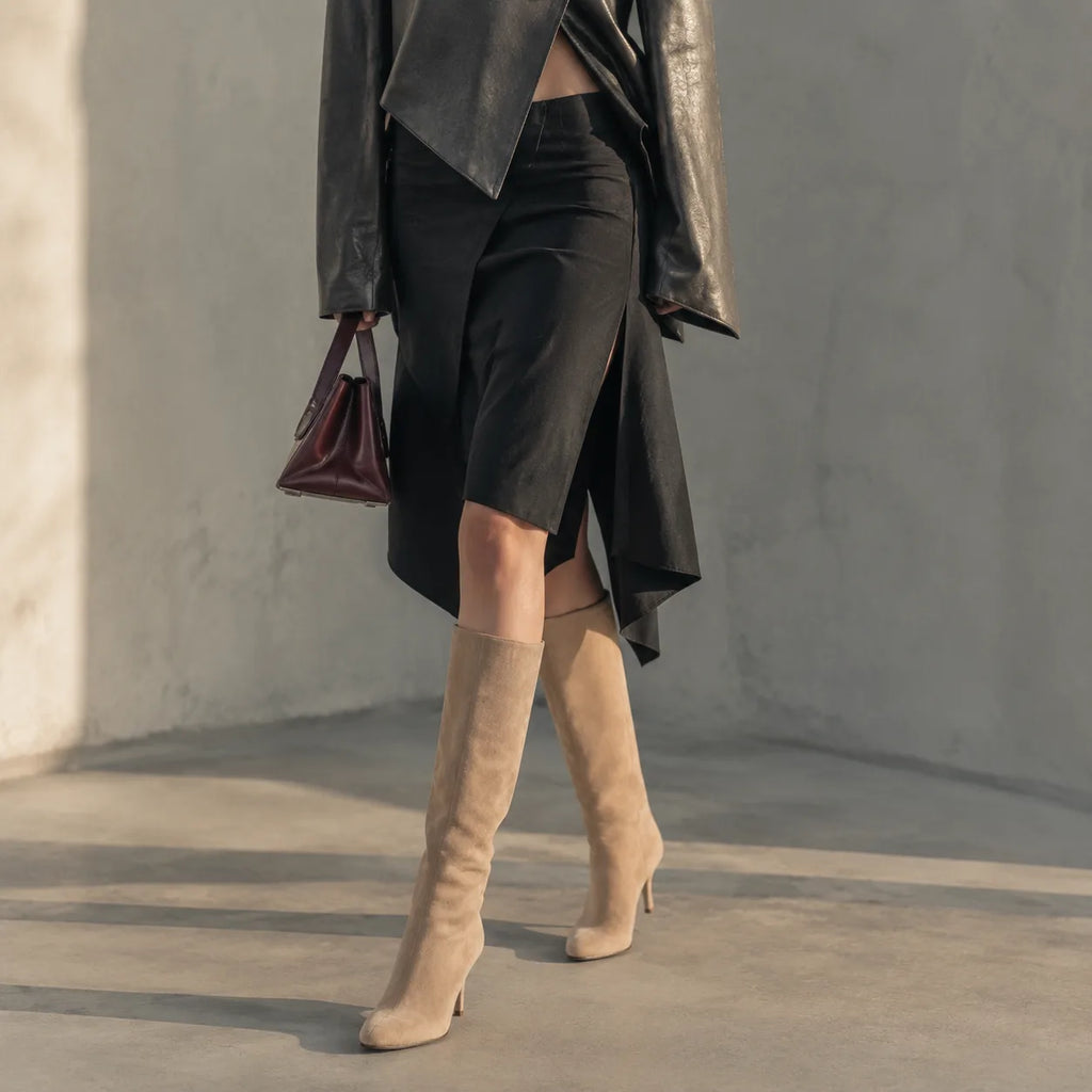 Apricot Suede Grado Sheepskin Stiletto Boots lifestyle scene