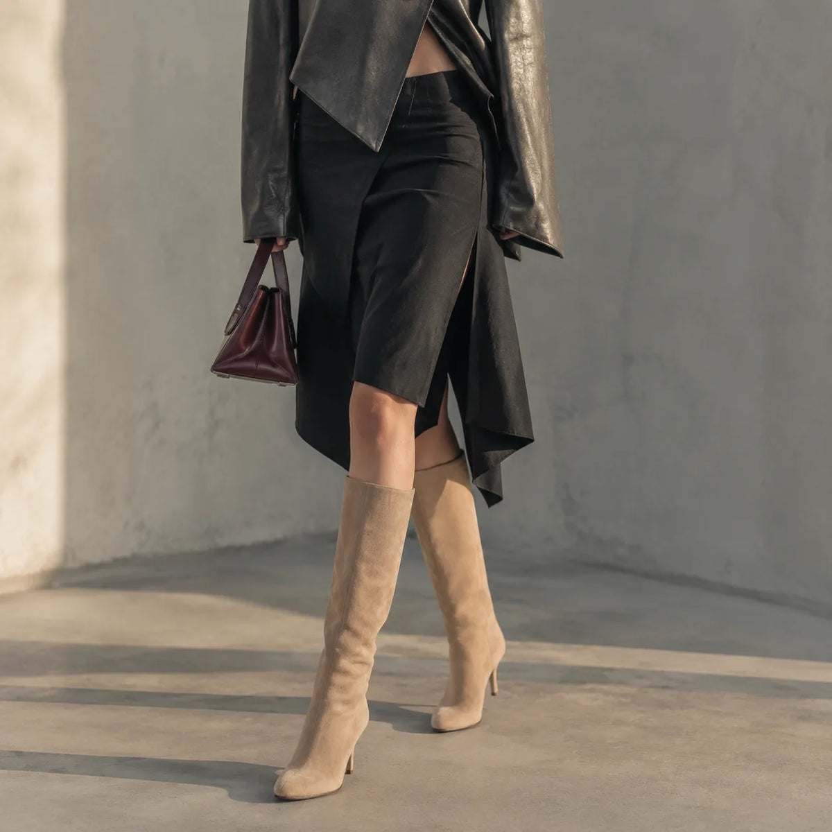 Apricot Suede Grado Sheepskin Stiletto Boots lifestyle scene