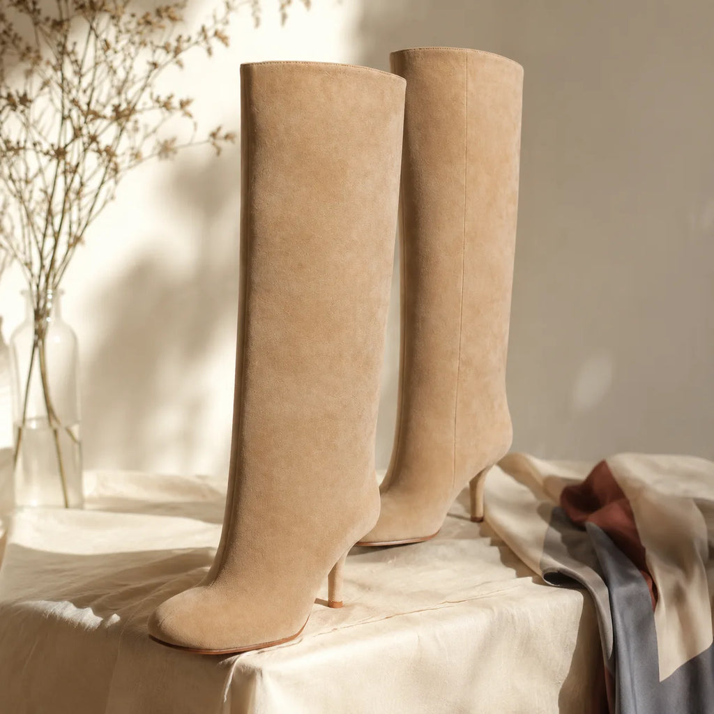 Apricot Suede Grado Sheepskin Stiletto Boots styled scene