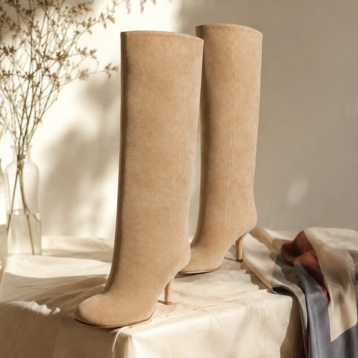 Apricot Suede Grado Sheepskin Stiletto Boots styled scene