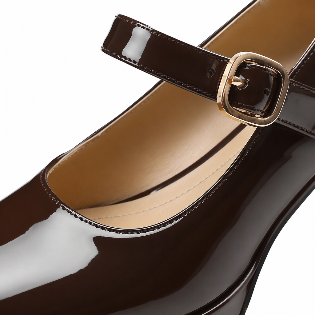 Brown Patent Women's Square-Toe Block-Heel Patent Faux Leather Buckle Flats close-up detail