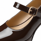 Brown Patent Women's Square-Toe Block-Heel Patent Faux Leather Buckle Flats close-up detail