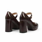 Brown Patent Women's Square-Toe Block-Heel Patent Faux Leather Buckle Flats heel detail