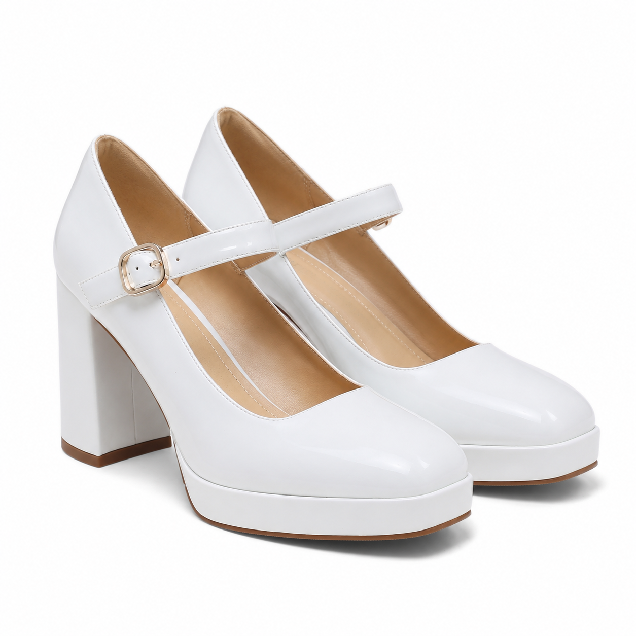White Patent Women's Square-Toe Block-Heel Patent Faux Leather Buckle Flats